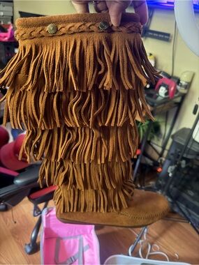 Layered Fringe Suede Knee-High Boots - Rich Cognac